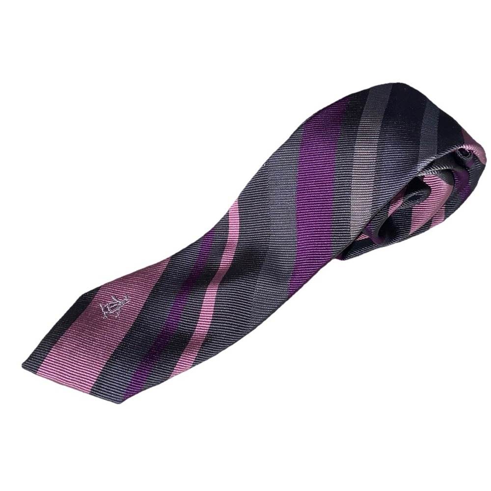 Penguin [ Slim Tie ] Men's 100% Silk‎ Necktie Purple/Pink&Gray 56"x2.25"